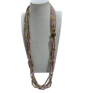 Vtg Multi-Strand Pink Beige Beaded Necklace Gold-Tone Accents Secure Clasp 28"